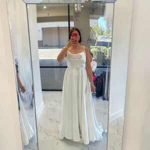 A line, scoop neck, spaghetti strap wedding dress